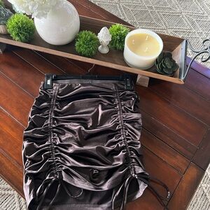 Size S like new chocolate brown satin texture with  ruched accenting and ties